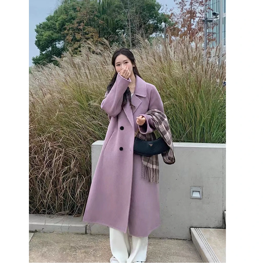 紫色双面毛呢大衣女2024年秋冬季新款韩版宽松中长款赫本风呢外套