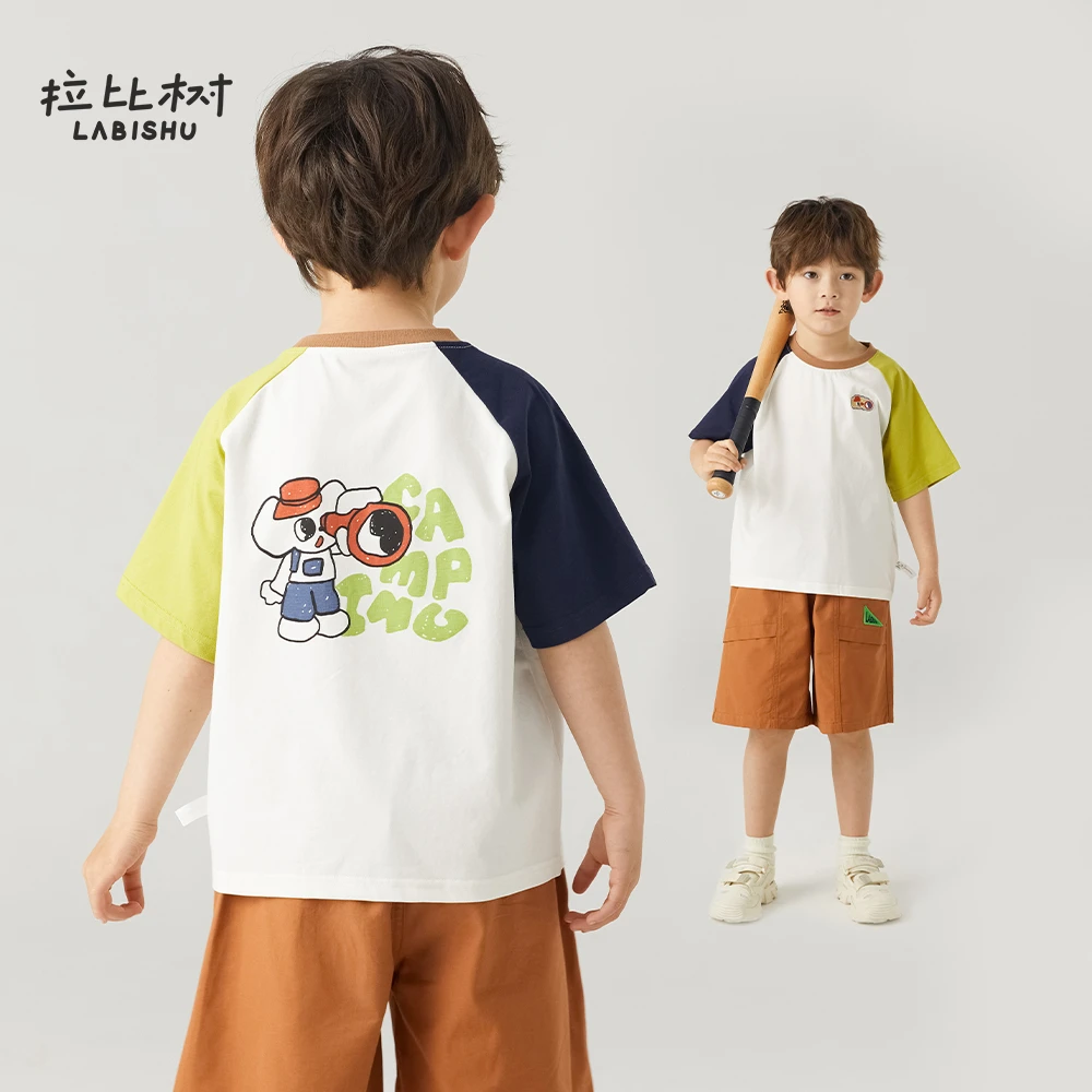 拉比树夏季男童卡通印花拼色短袖休闲透气时尚百搭T恤套头潮