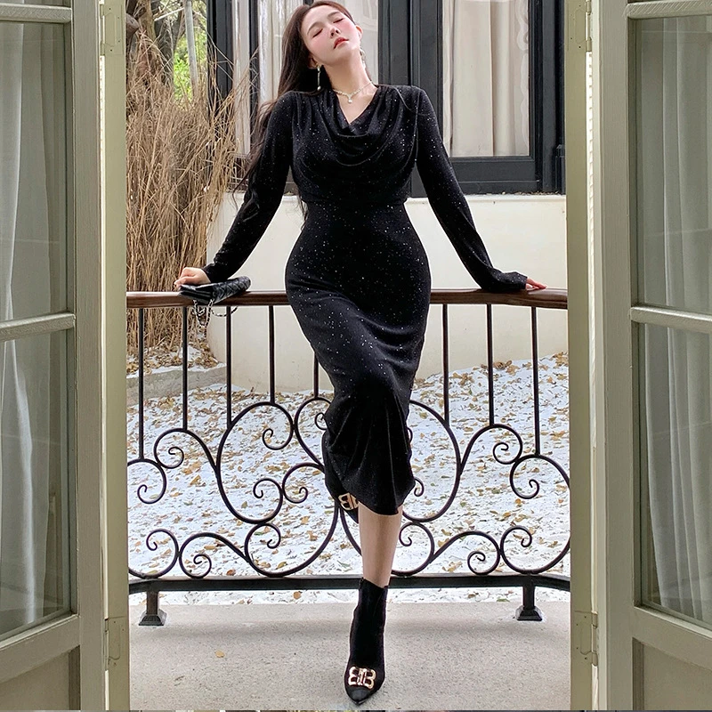 仟艺【罗马午夜】2025大码女装高级感春季新气质荡领复古女神连衣裙