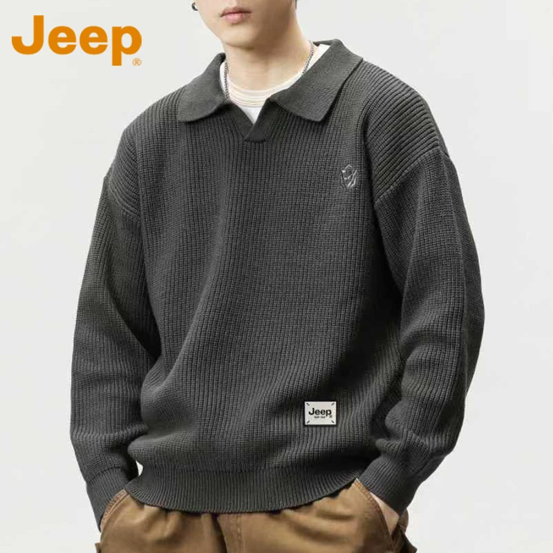 JEEP吉普美式polo领毛衣男款秋冬季宽松休闲慵懒风灰色翻领针织衫