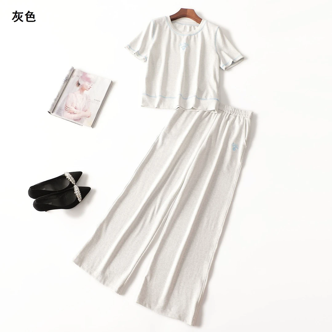 411576夏长款短袖圆领T恤裤子套装