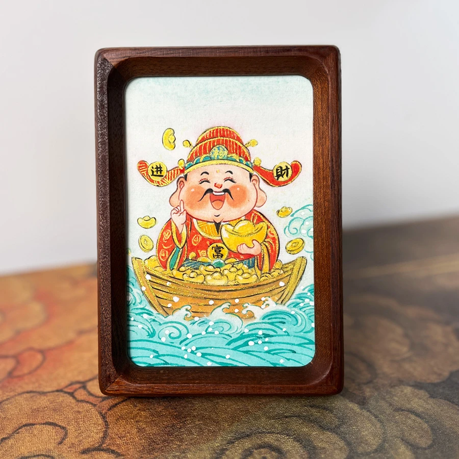 【宝船财神】6寸纯手绘国风摆件新中式家居装饰画手绘艺术摆台