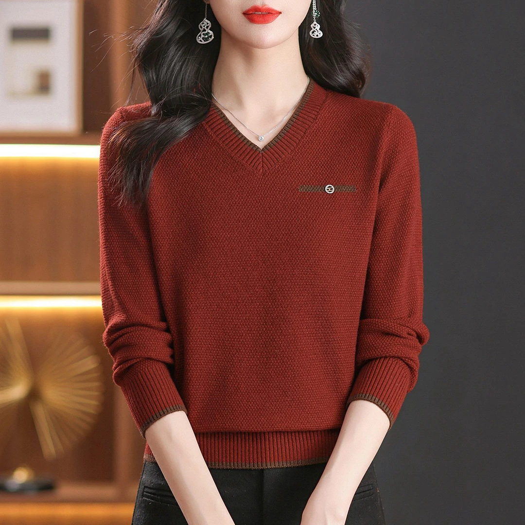 春季新款洋气V领上衣女时尚百搭撞色宽松长袖套头针织衫简约休闲