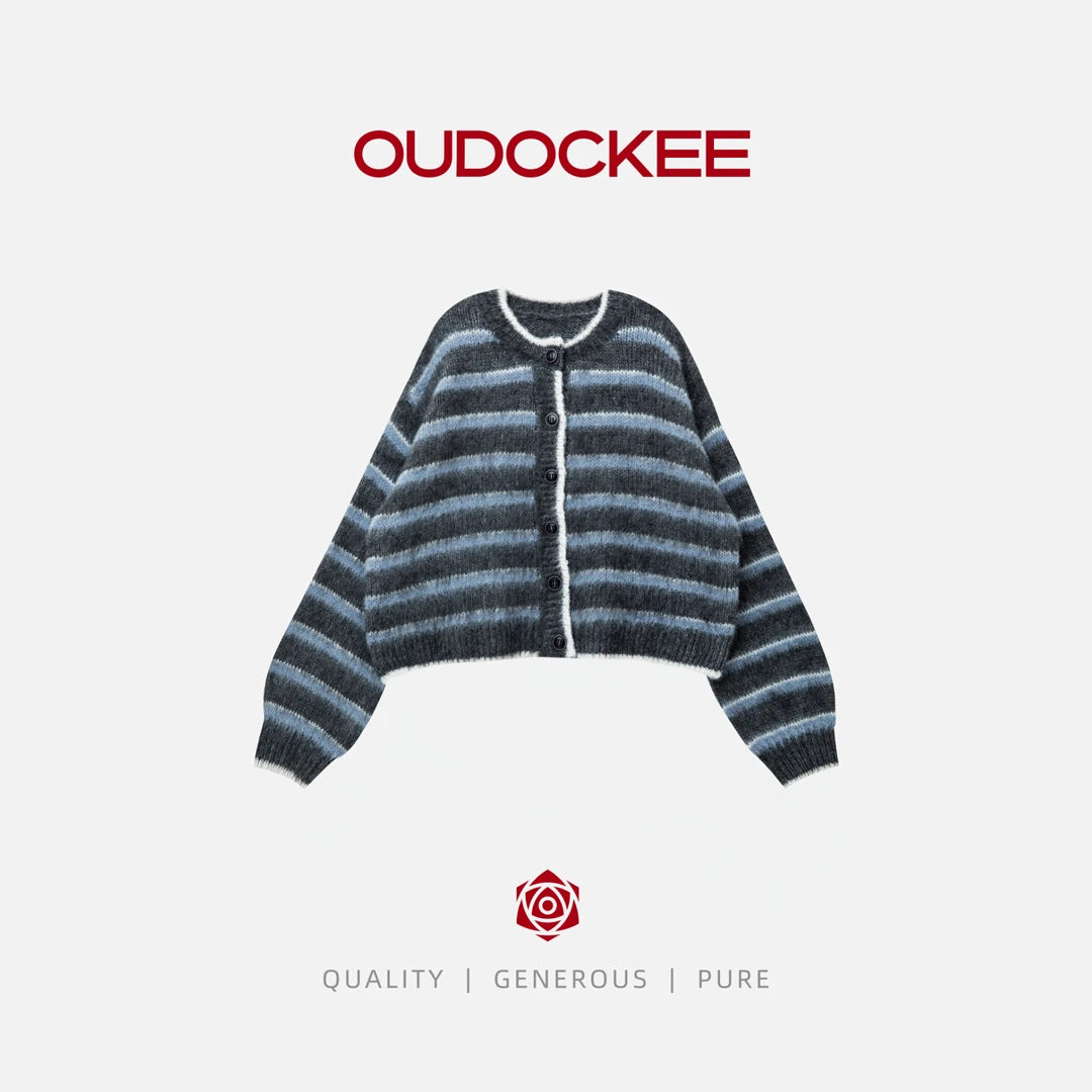 OUDOCKEE 鸥鸥 【绵羊毛】灰茶 圆领条纹百搭廓形开衫 MACAB787T
