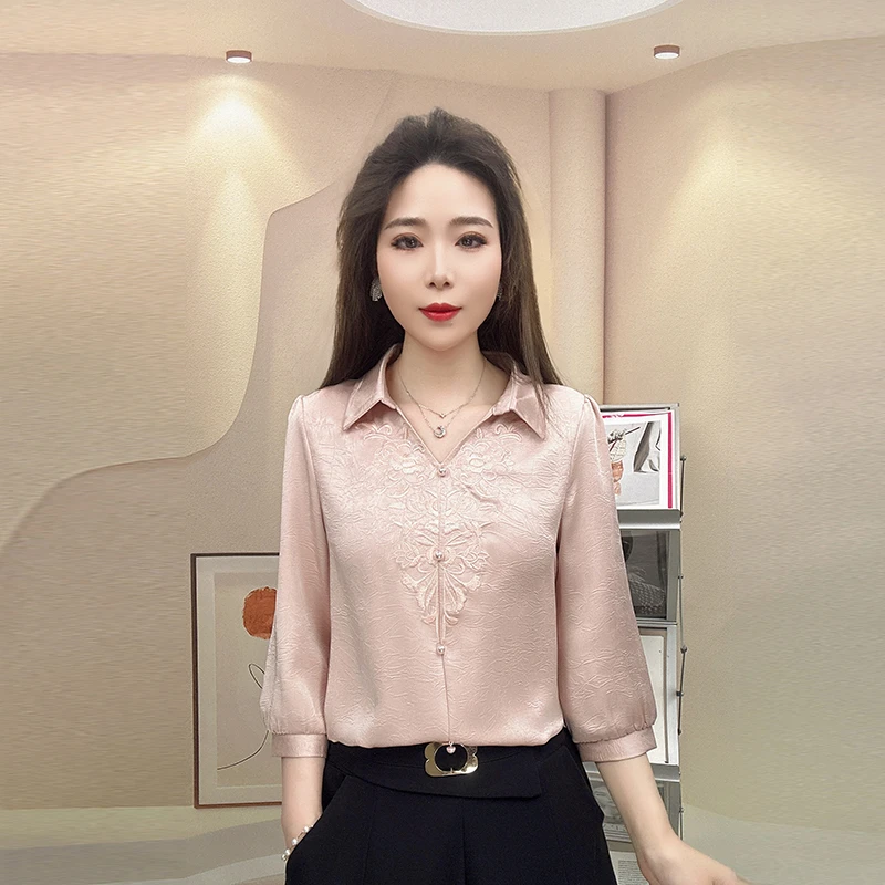 2025春夏季七分袖衬衫女款外穿刺绣衬衣女装长袖小衫洋气衣服女