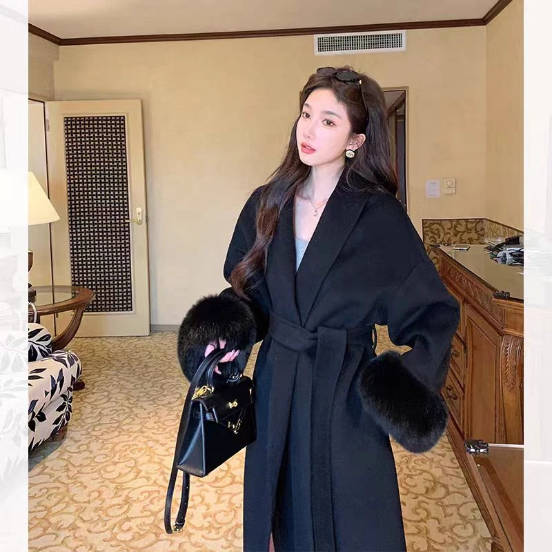 100%羊毛秋冬新款毛呢外套爆款女装高级狐狸毛长款双面呢气质大衣