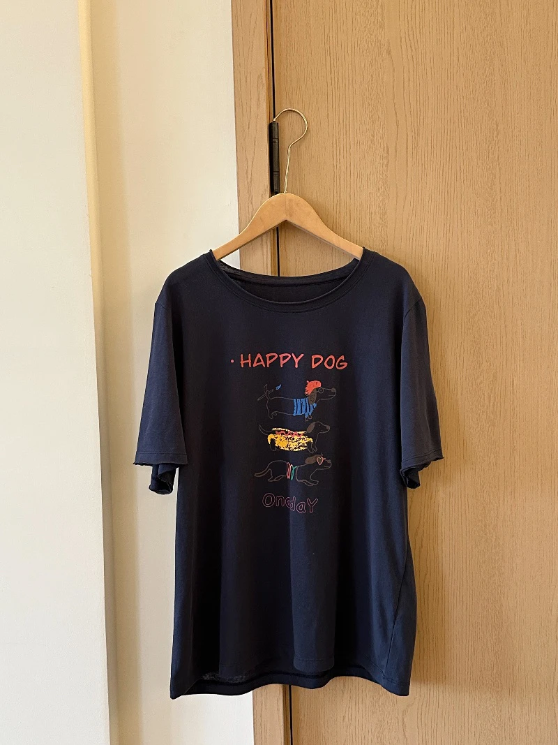 【王小姐】藏蓝色 “手绘童趣小狗” 慵懒风短袖T袖女