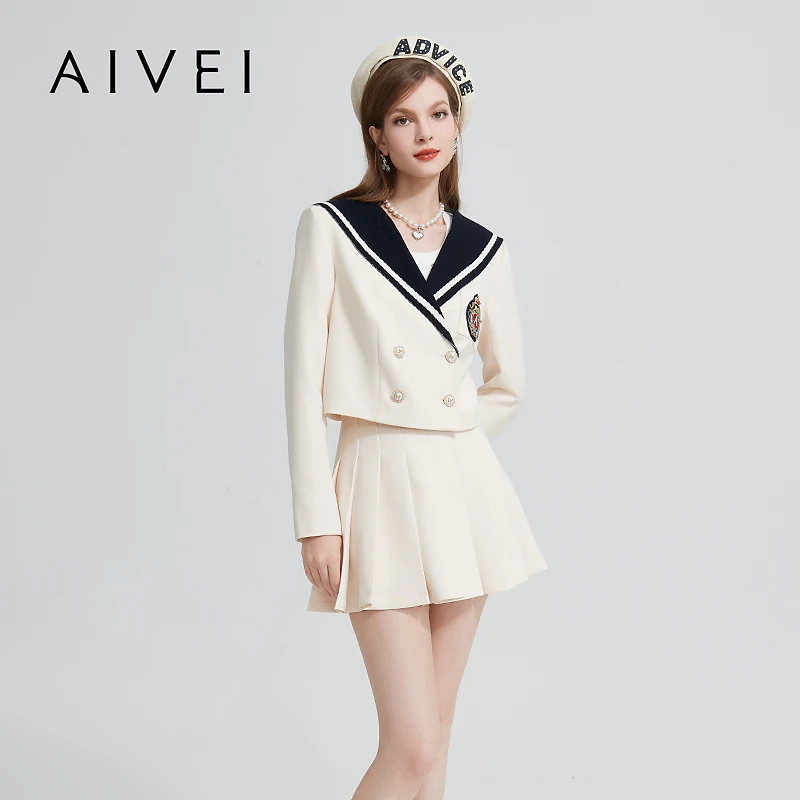 AIVEI艾薇24春新日系学院风撞色海军领双排扣短外套R016S069