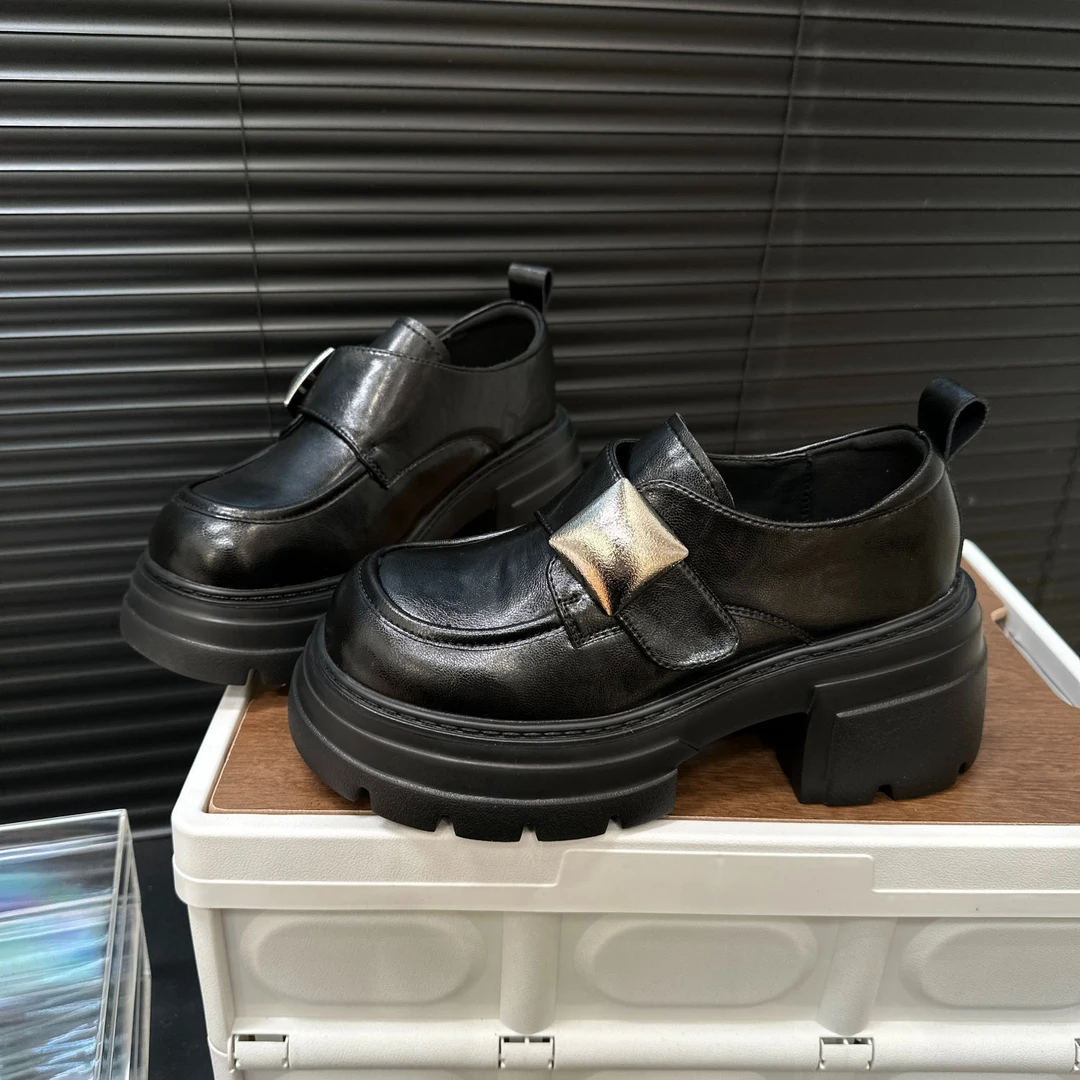 英伦风韩版胶粘搭扣魔术贴粗跟黑色圆头厚底乐福鞋6688