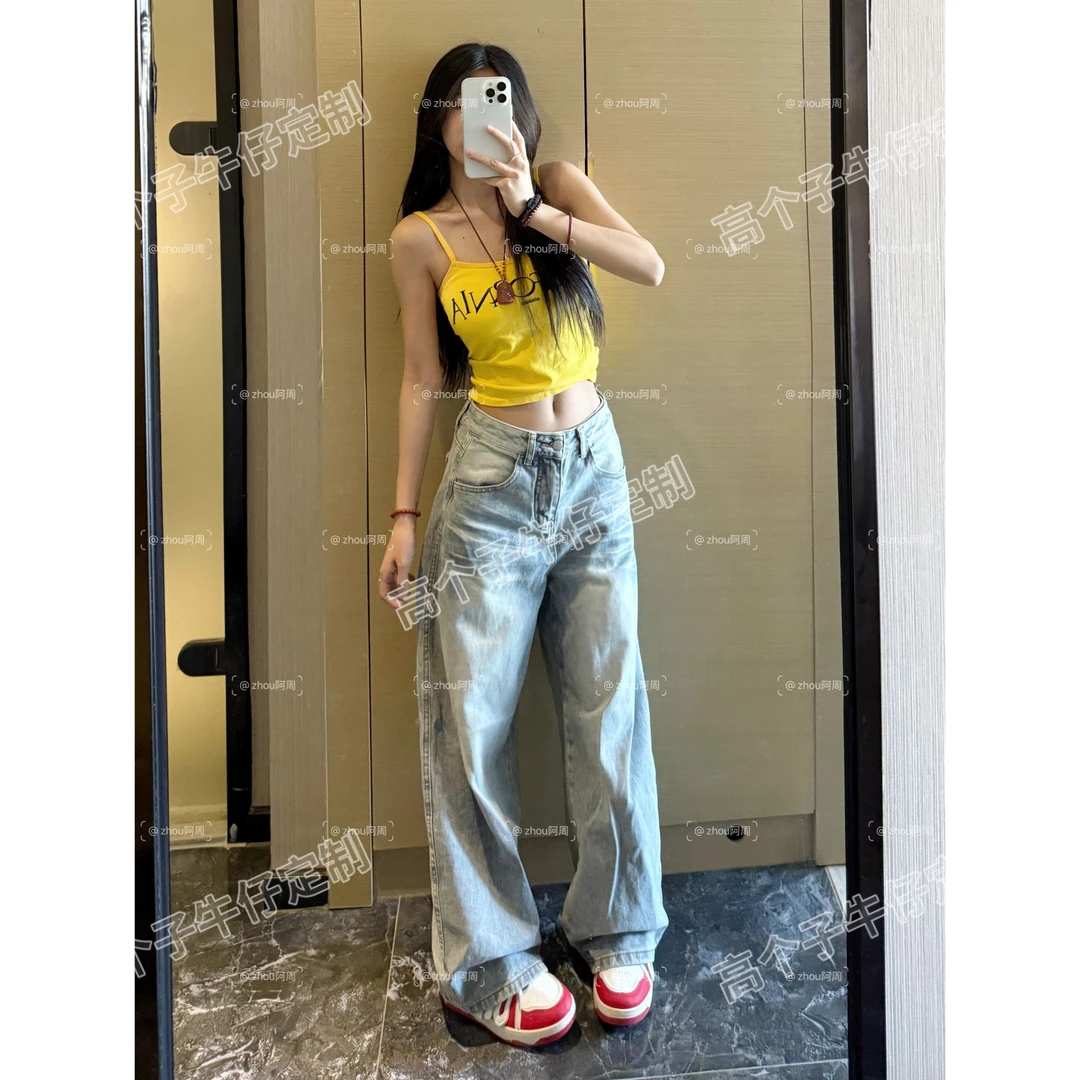 大码美式高街复古刺绣牛仔裤女夏季新款设计感宽松高腰直筒阔腿裤
