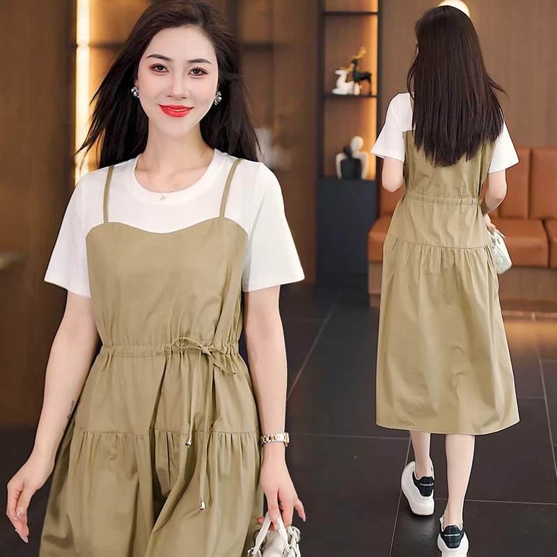 时尚拼接假两件背带裙2025夏季韩版宽松显瘦短袖休闲减龄连衣裙潮