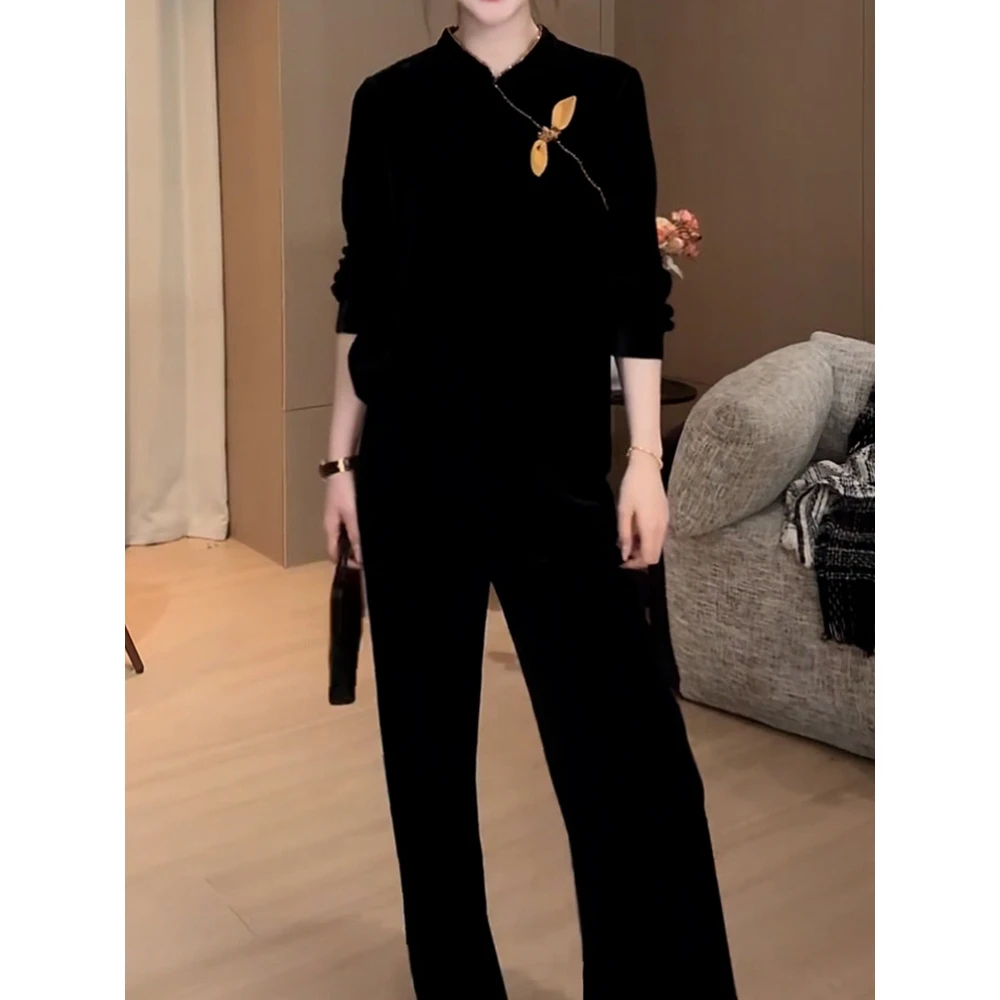 时尚轻奢高级感丝绒裤套装女2025秋季新款优雅百搭长袖上衣+裤子