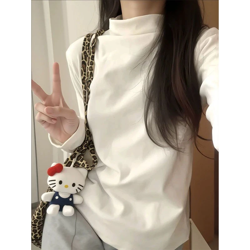 洋气百搭半高领长袖t恤女春秋季美式chic修身显瘦内搭打底衫上衣