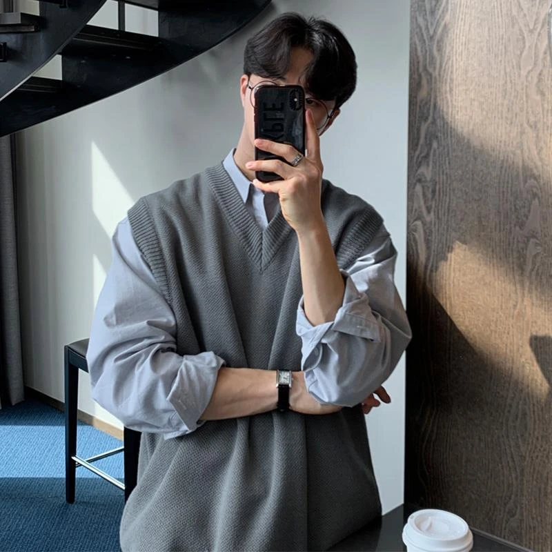 无袖背心毛衣男坎肩韩版潮流港风复古百搭纯色针织衫马甲外套日系