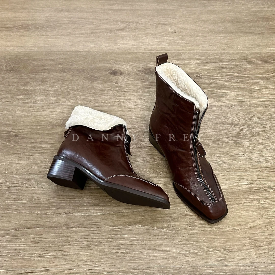 Dannyfrey冬季方头粗跟保暖女靴复古气质加绒前拉链短靴4.5CM