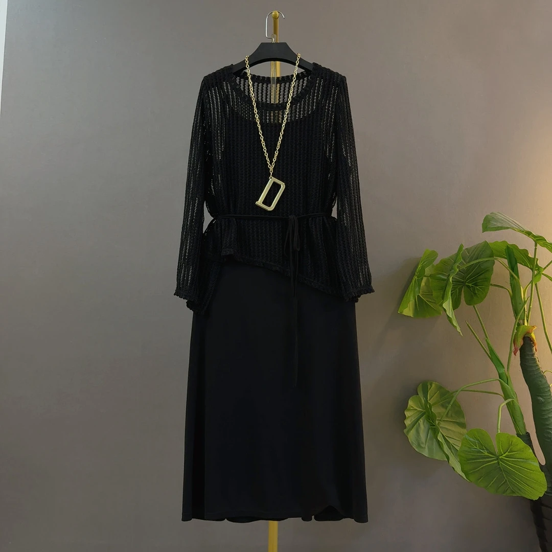 休闲风少女风法式时尚套装长款气质女装针织防晒长袖+吊带两件套