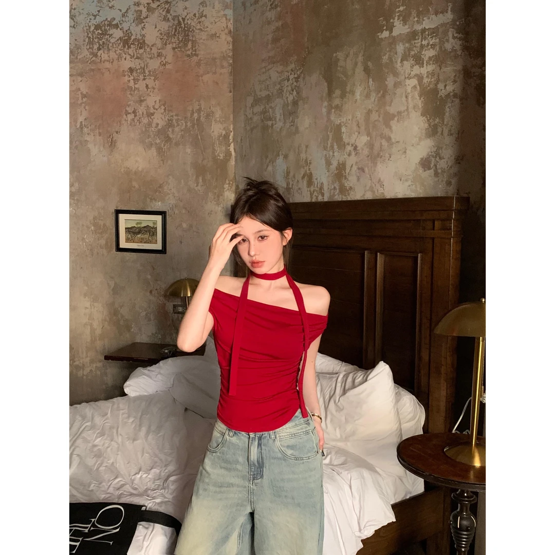 实拍 纯欲一字肩修身上衣显瘦露肩围脖绑带背心T恤上衣