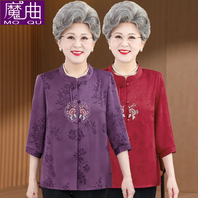 奶奶春装衬衫女新款中老年人七分袖衬衣妈妈夏装唐装太太上衣