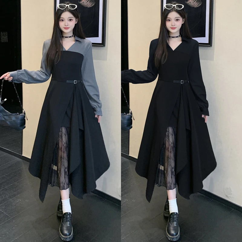 大码胖mm秋冬新款法式赫本风长裙长袖气质不规则蕾丝黑色连衣裙女