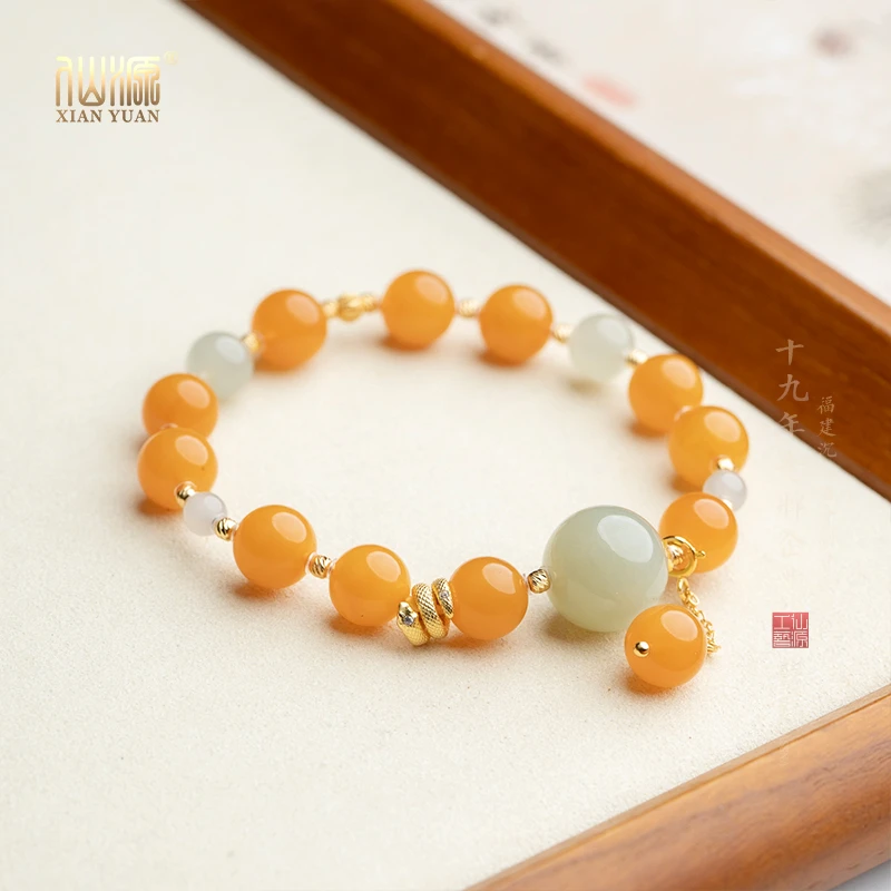【万事橙】蜜蜡9mm和田玉晴水单圈手串天然玉石新中式文玩饰品