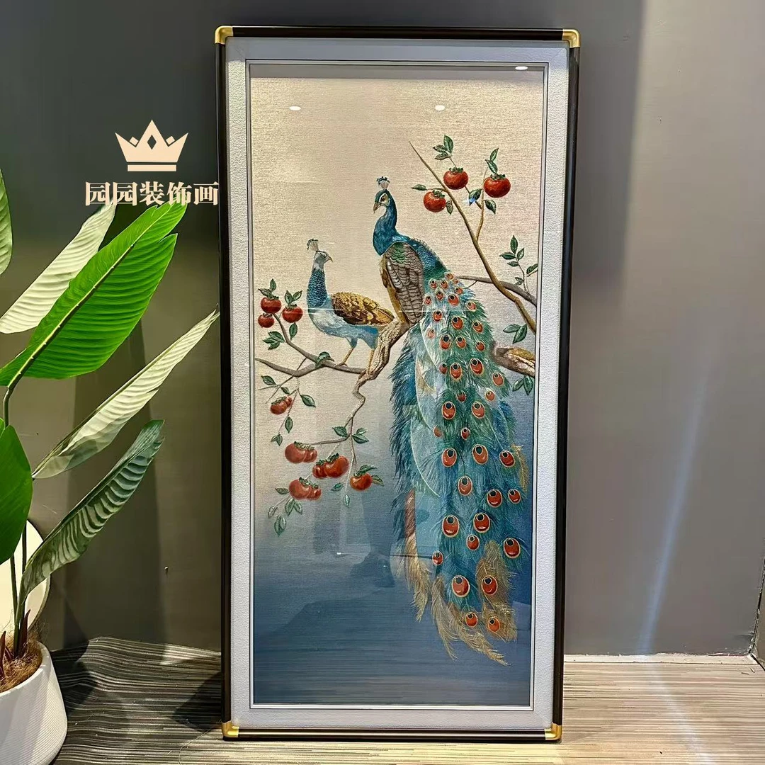 【孔雀事事如意】织锦绣成品新中式简约轻奢玄关装饰画进门苏绣壁画