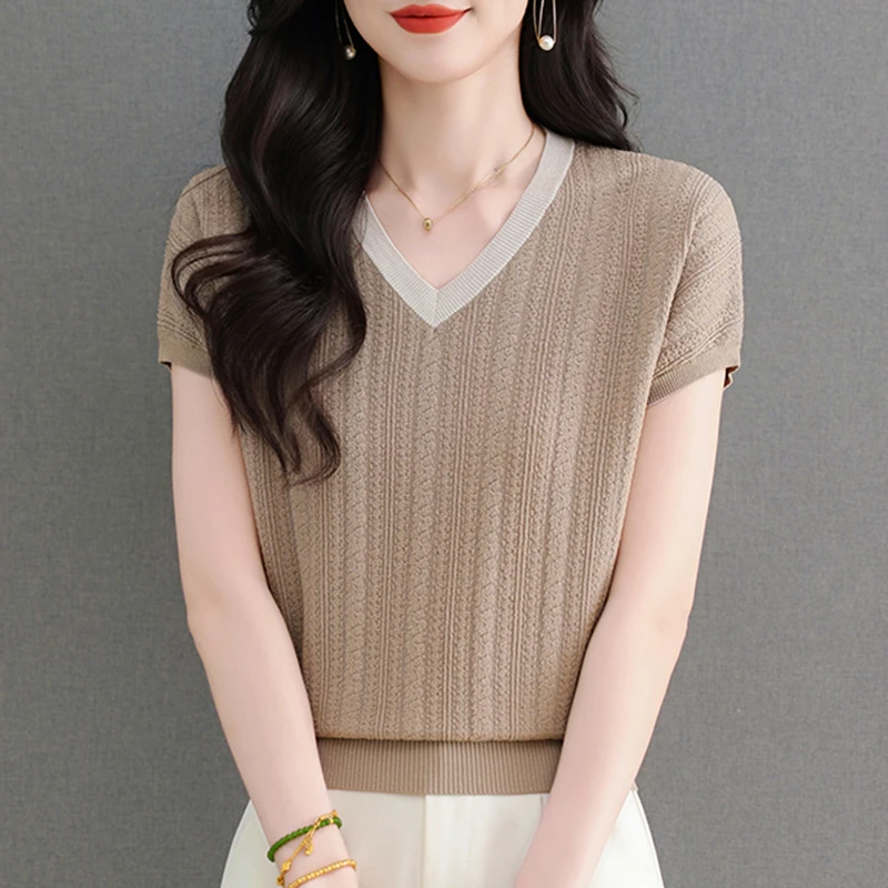 25夏季女士新款天丝V字领口时尚百搭宽松遮肉短袖上衣