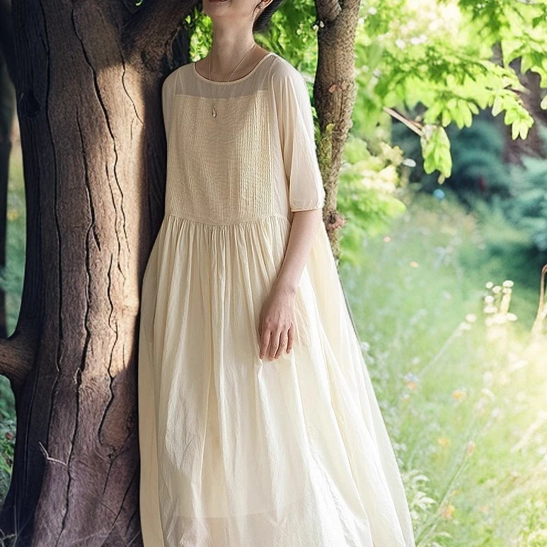 新款轻盈柔软纯棉连衣裙飘逸宽松长裙文艺老钱千金清冷感贵系衣服