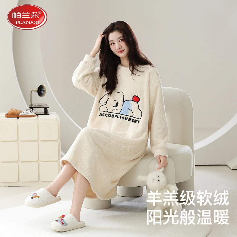 帕兰朵秋冬季睡裙女士2026新款半边绒睡衣简约卡通加厚保暖连衣裙