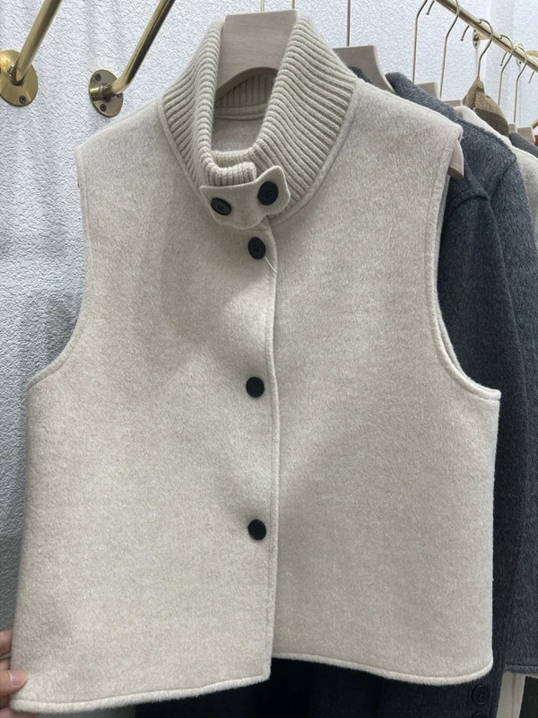 秋冬毛呢内搭马甲叠穿双面羊毛无袖坎肩外套时尚百搭新款纽扣立领
