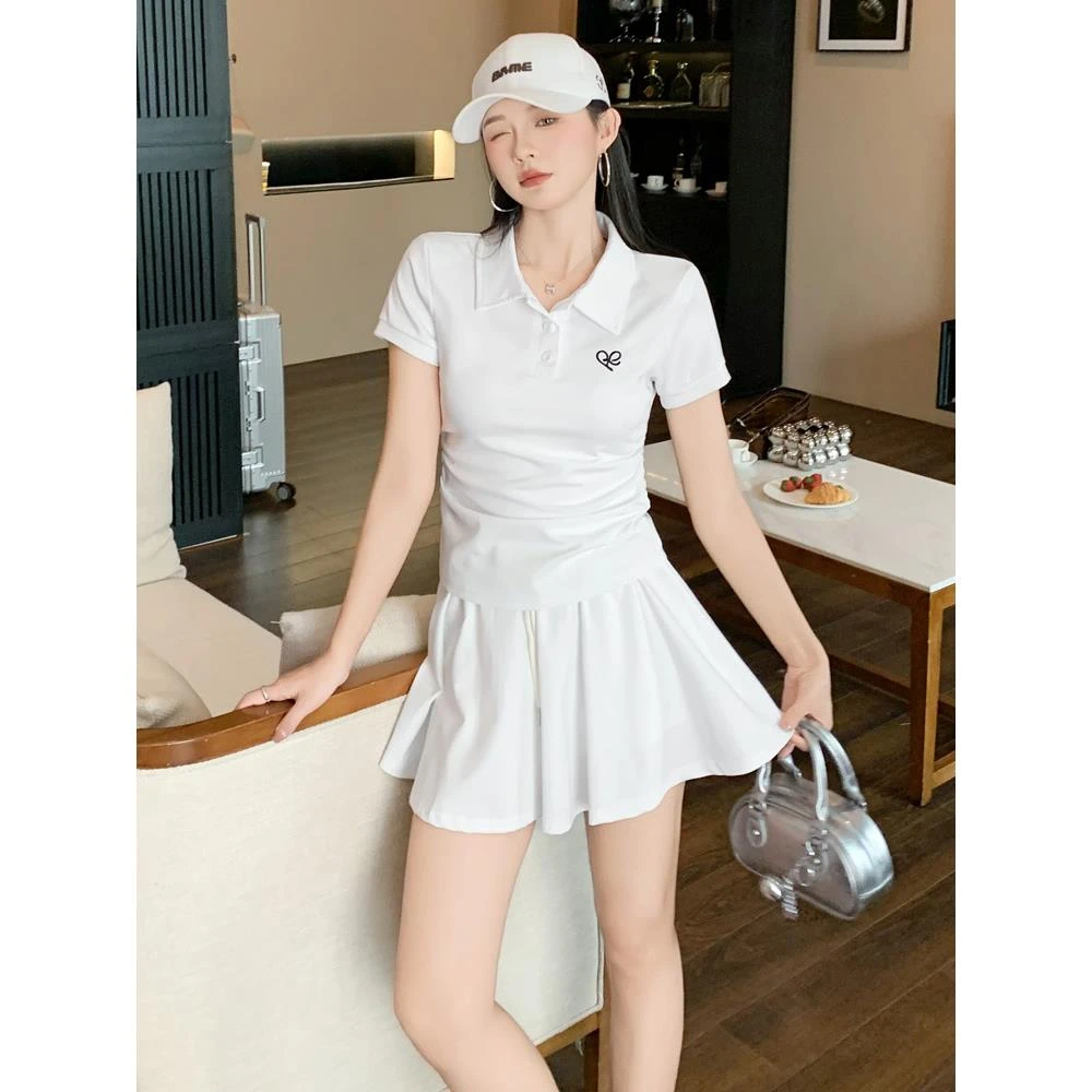 高级感白色休闲运动套装女夏显瘦polo衫棒球服短裙跑步两件套