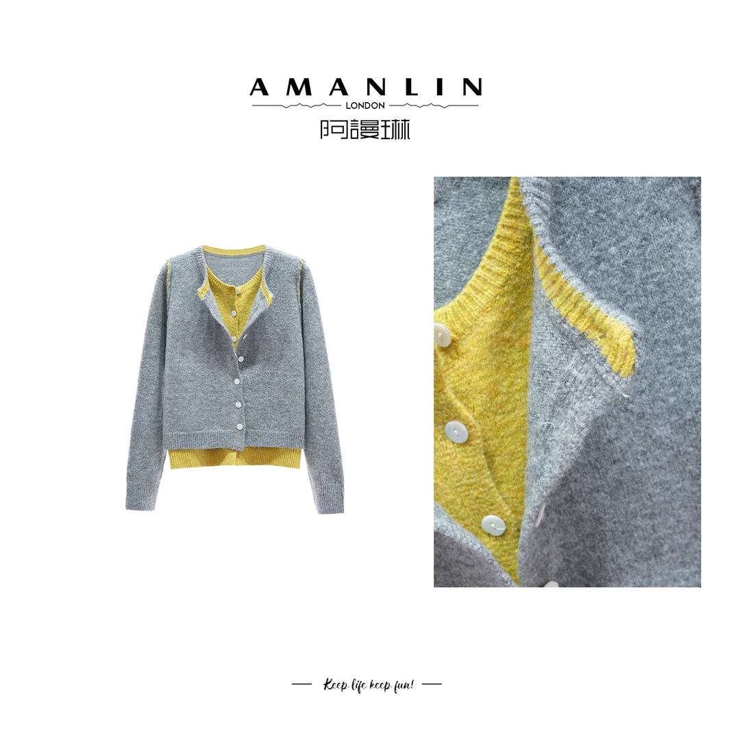 【AMANLIN】秋季穿搭设计感拼接气质时尚小众针织上衣小众F593671