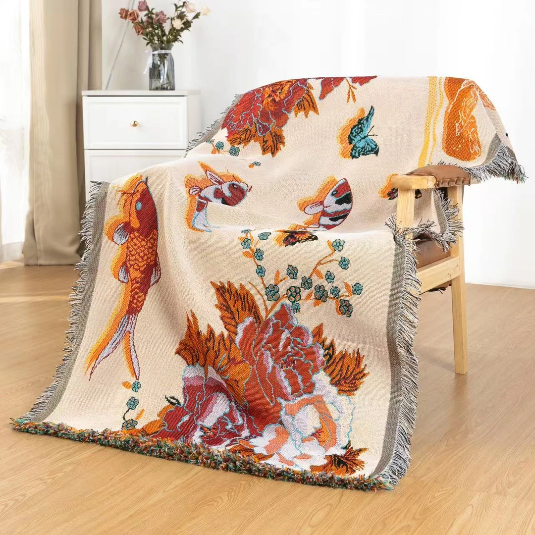 180cm*90cm连年有鱼沙发巾床幔沙发扶手巾桌布茶几巾沙发垫沙发毯