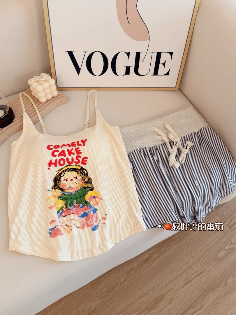 番茄汤娃娃｜睡衣女款夏季莫代尔吊带带胸垫条纹短裤家居服