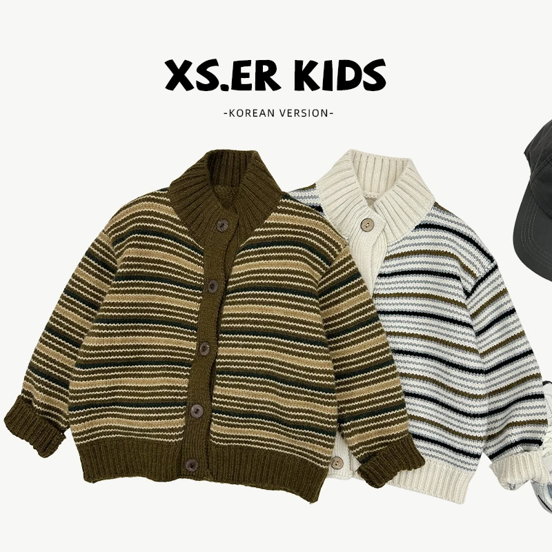 【小首尔】现货-qc7男女童森系条纹毛衣冬保暖日常针织外套SJ4585