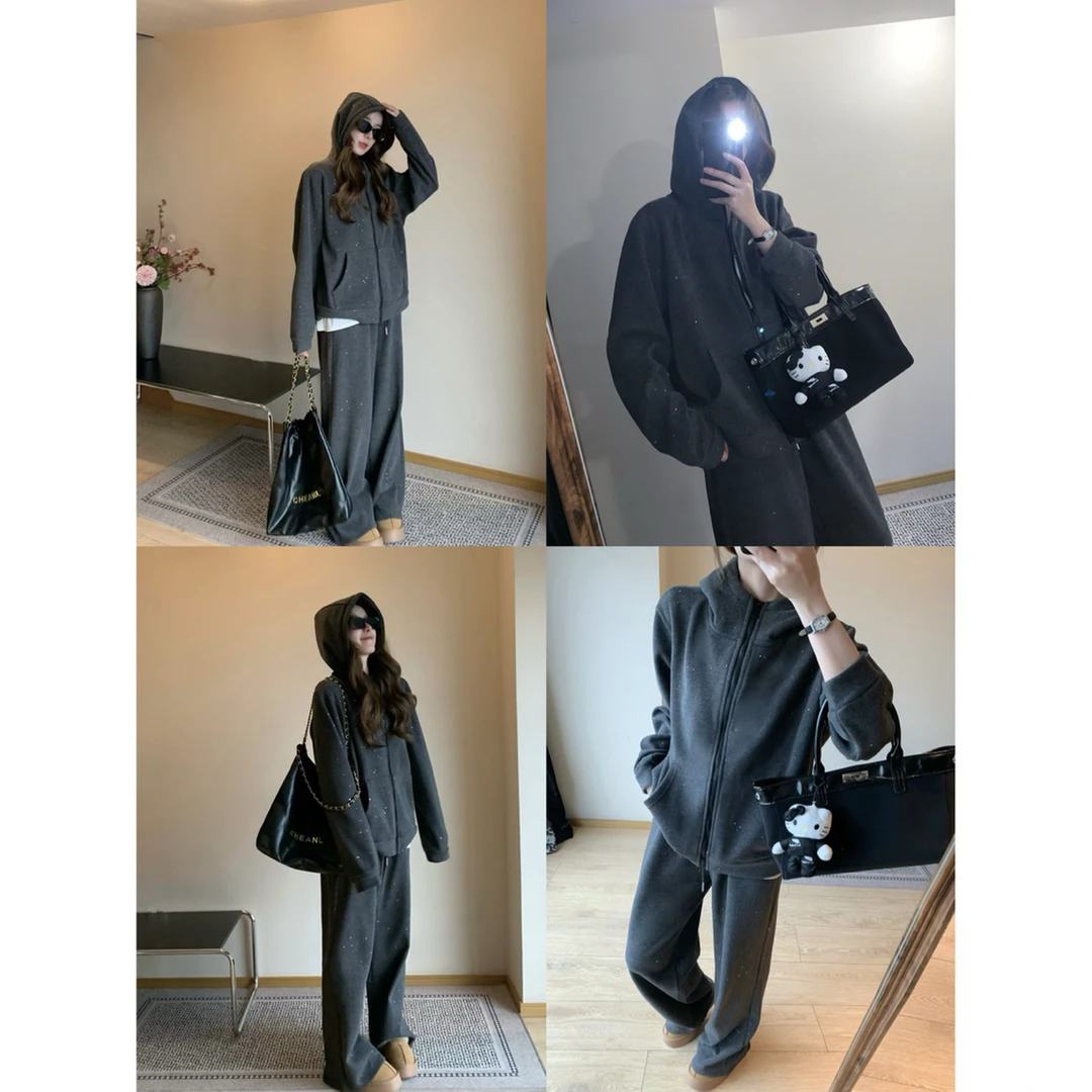 WULI多多 闪片套装’灰色连帽银狐绒运动连帽卫衣卫裤