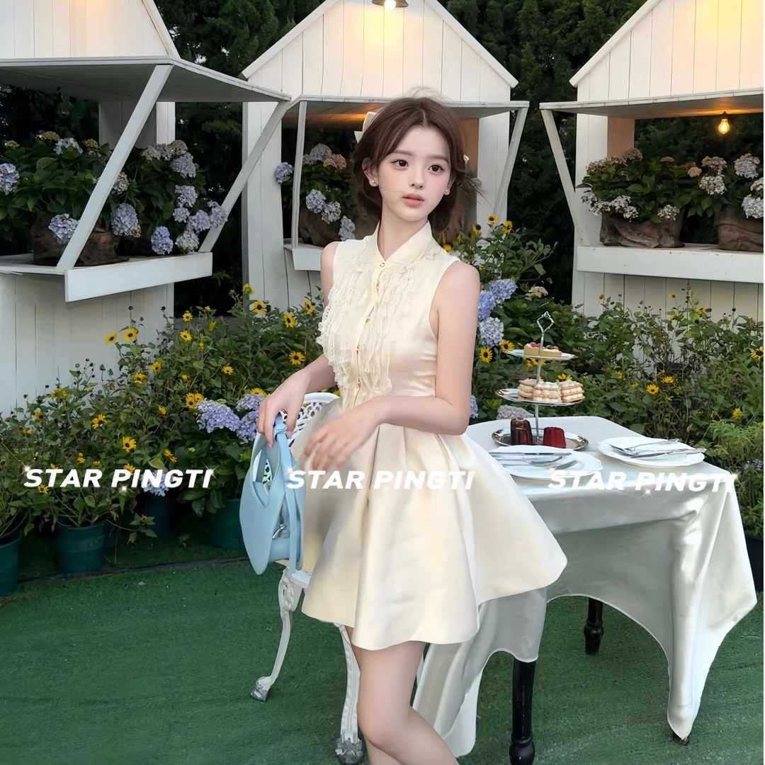 小香风连衣裙女名媛千金气质生日小礼服缎面蕾丝拼接收腰蓬蓬短裙