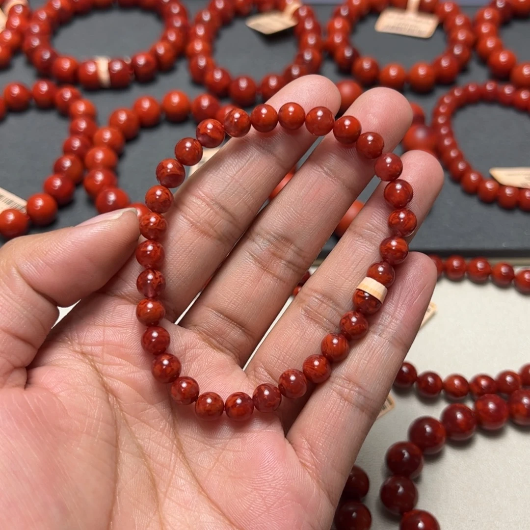 南红玛瑙未镶嵌手串6mm小加火焰圆珠手串