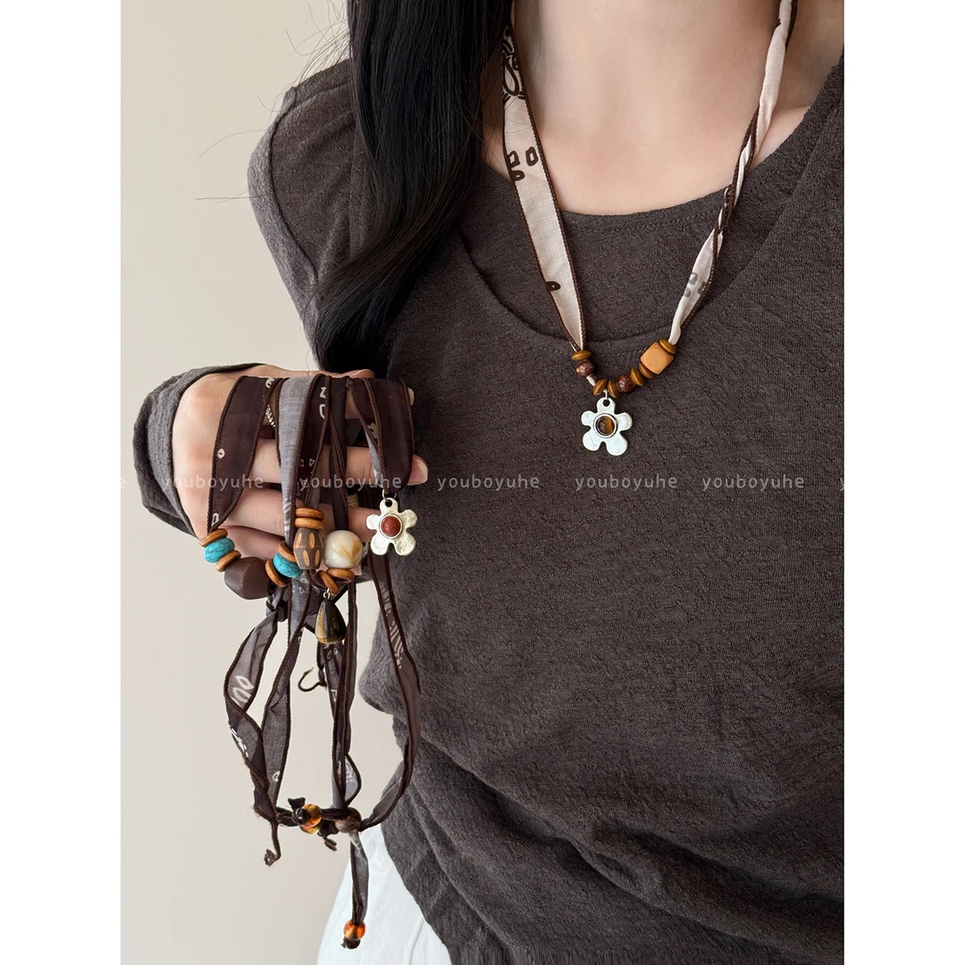 铜布艺项链 复古美拉德虎眼石花朵串珠项链女小众设计毛衣链配饰