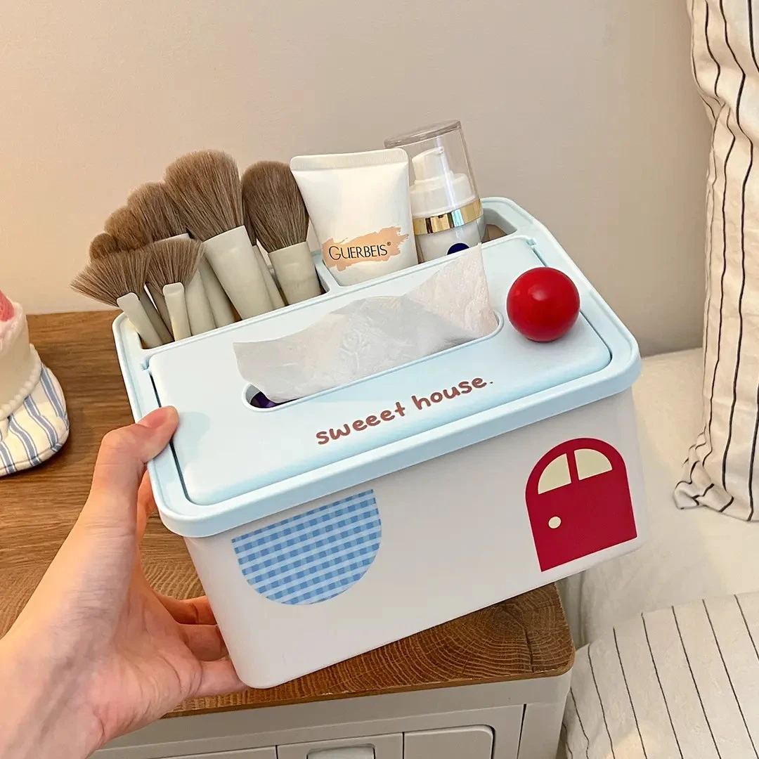 2025新款小房子桌面收纳盒纸巾盒化妆刷口红筒文具杂物书桌置物架