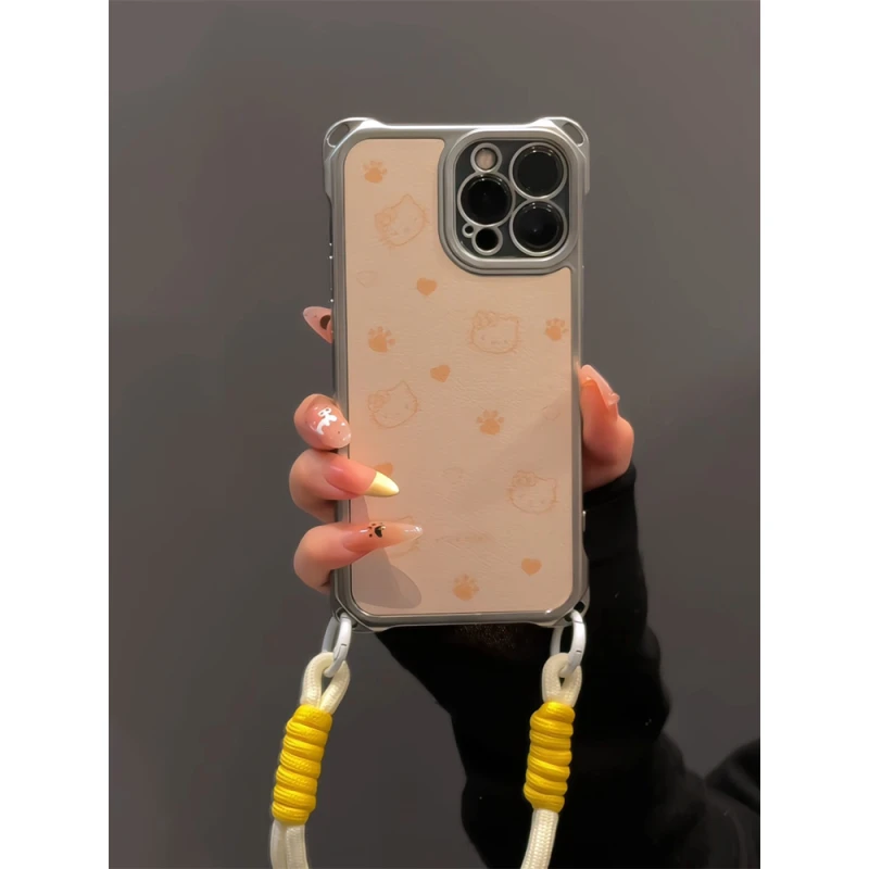爱心kitty适用苹果16pro电镀防摔iPhone15手机壳皮革挂绳卡通14女
