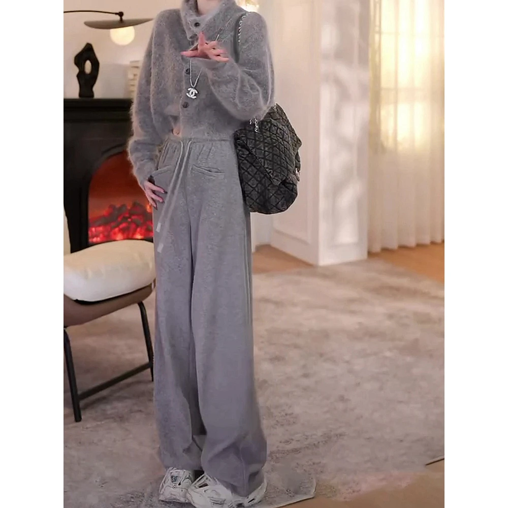 2025冬季新款灰色阔腿裤抽绳系带松紧腰休闲加绒宽松简约卫裤女装