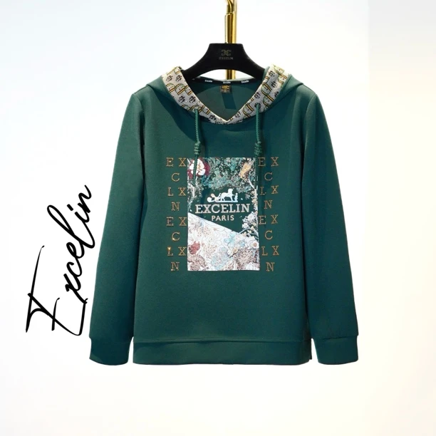 【赛普静绿连帽卫衣】秋季新款高档时尚显瘦减龄套头休闲女上衣