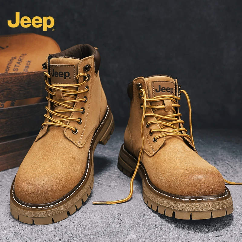 Jeep吉普真皮工装靴男款马丁靴春季高帮踢不烂大黄靴中帮痞帅男靴