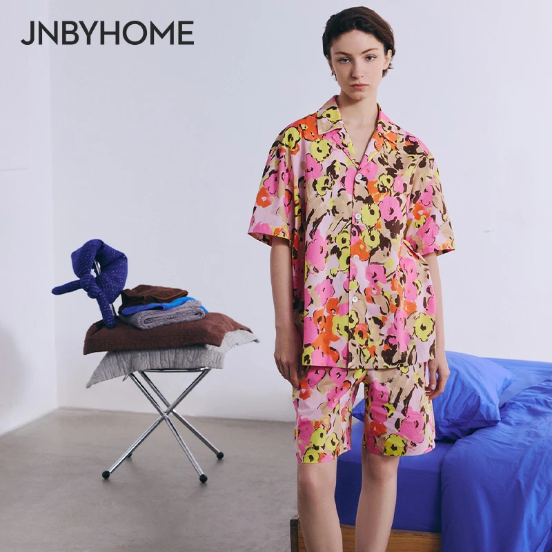 JNBYHOME江南布衣25新品印花睡衣套装女短袖短裤翻领家居服