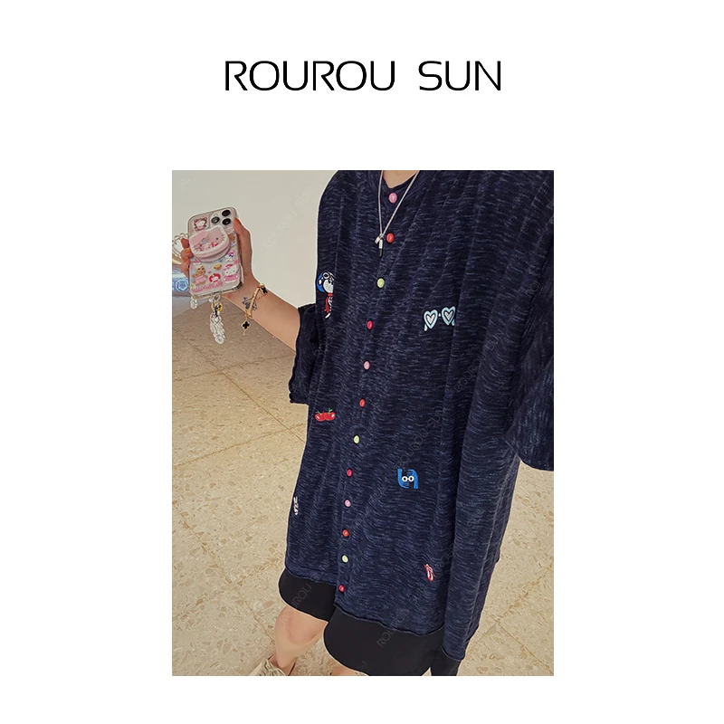 26635韩版刺绣卡通圆领长袖防晒开衫女宽松显瘦百搭上衣