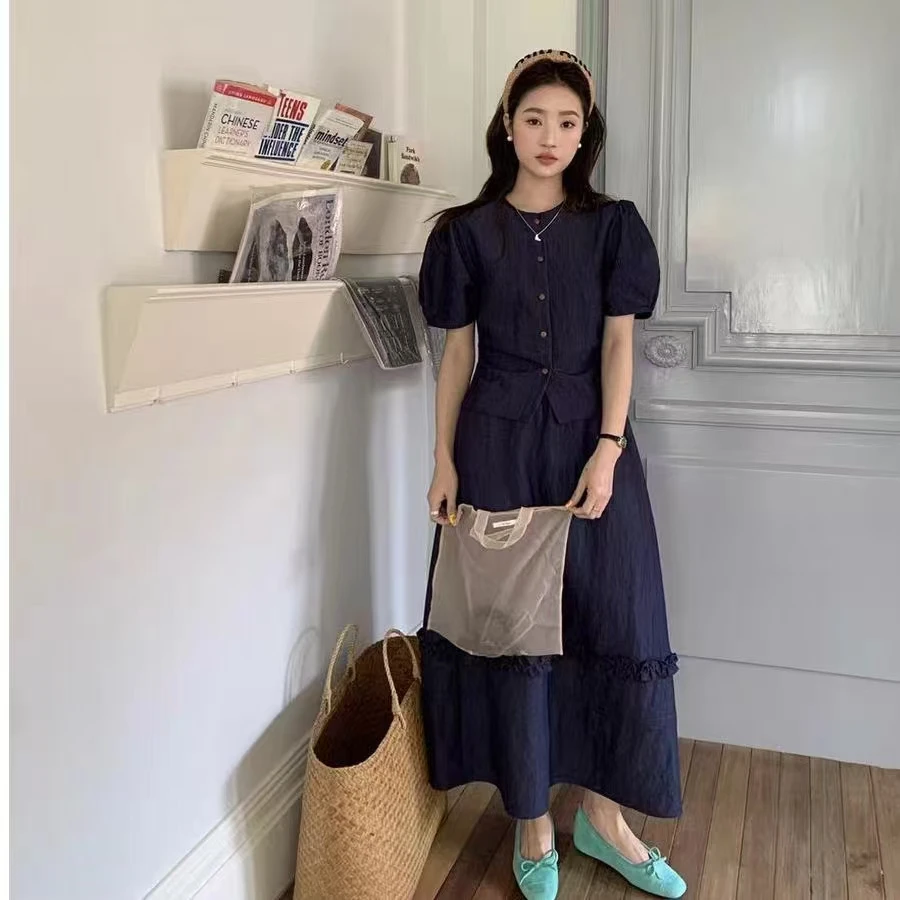 【VV专属】新款法式圆领泡泡袖小衫+半身裙时尚气质百搭两件套