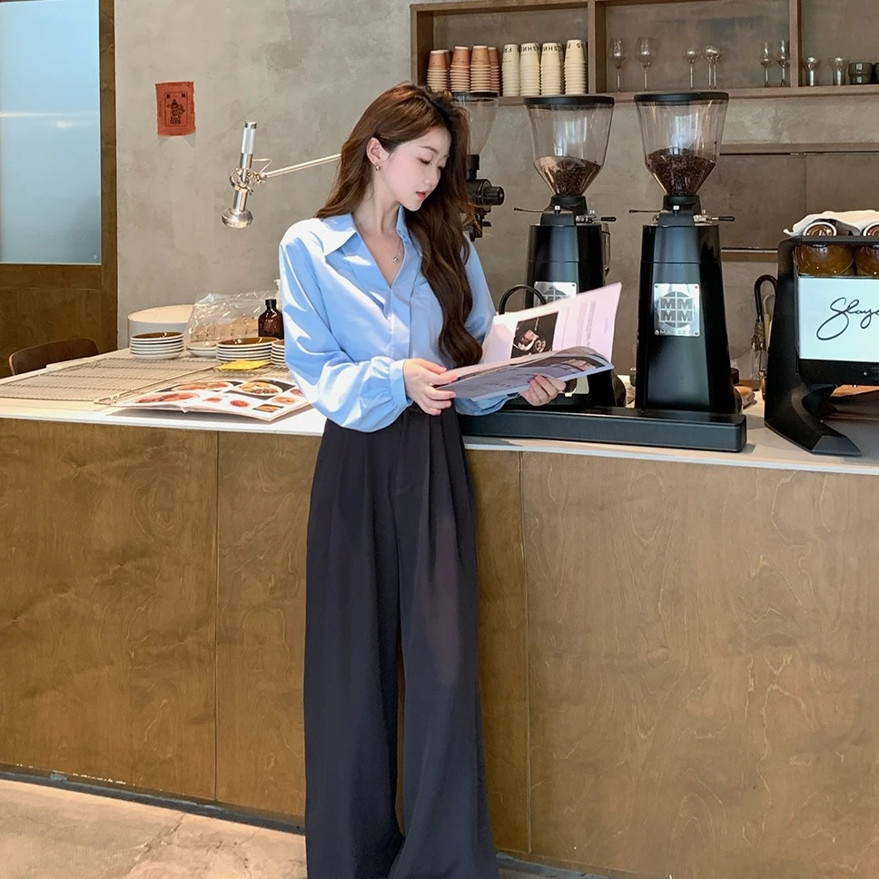 佐佐家小个子高腰显瘦翻边纽扣垂坠感西裤春秋季女休闲阔腿长裤子