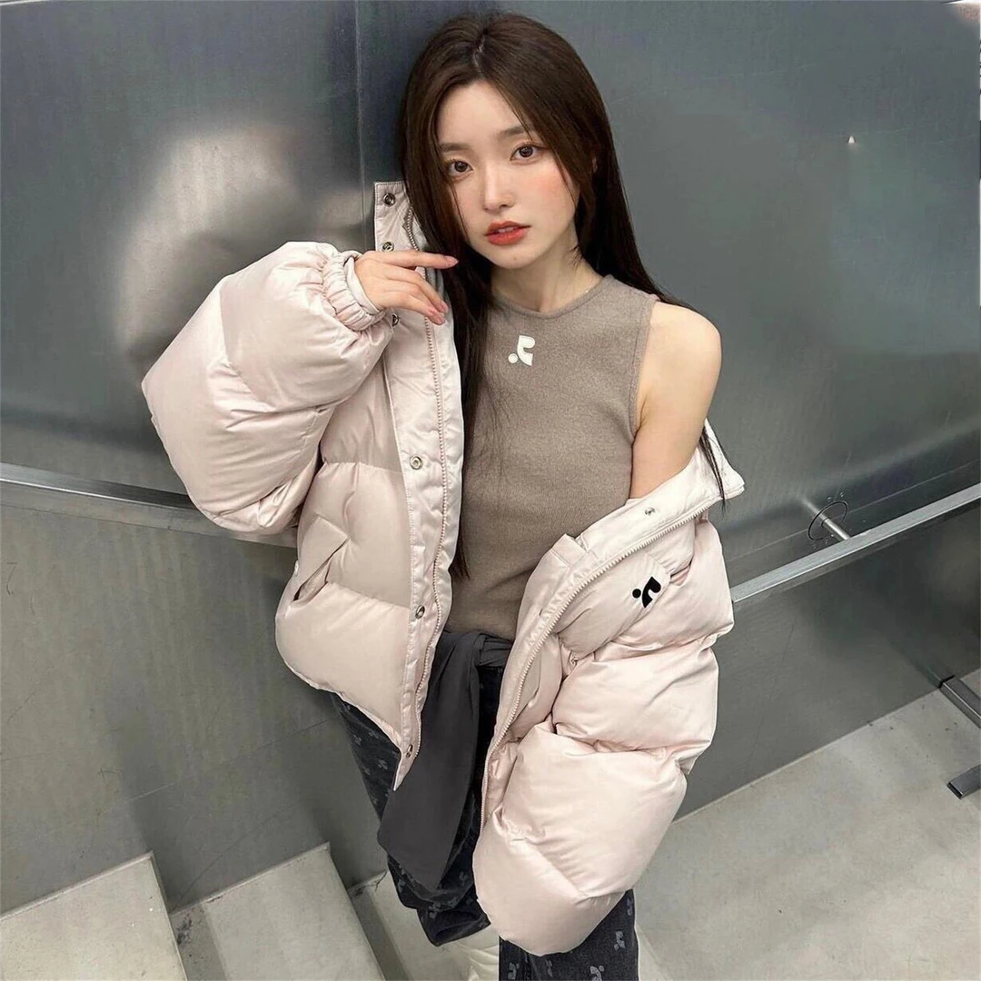 慵懒风保暖粉色立领面包服外套女冬季新款设计感百搭宽松加厚棉服