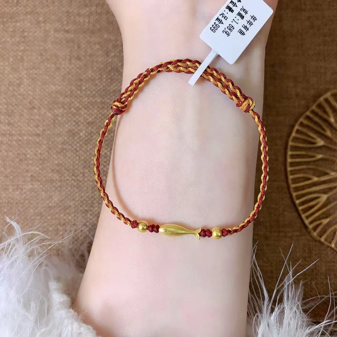 【伟新源】足金999 古法工艺 年年有鱼红绳（编绳费80）