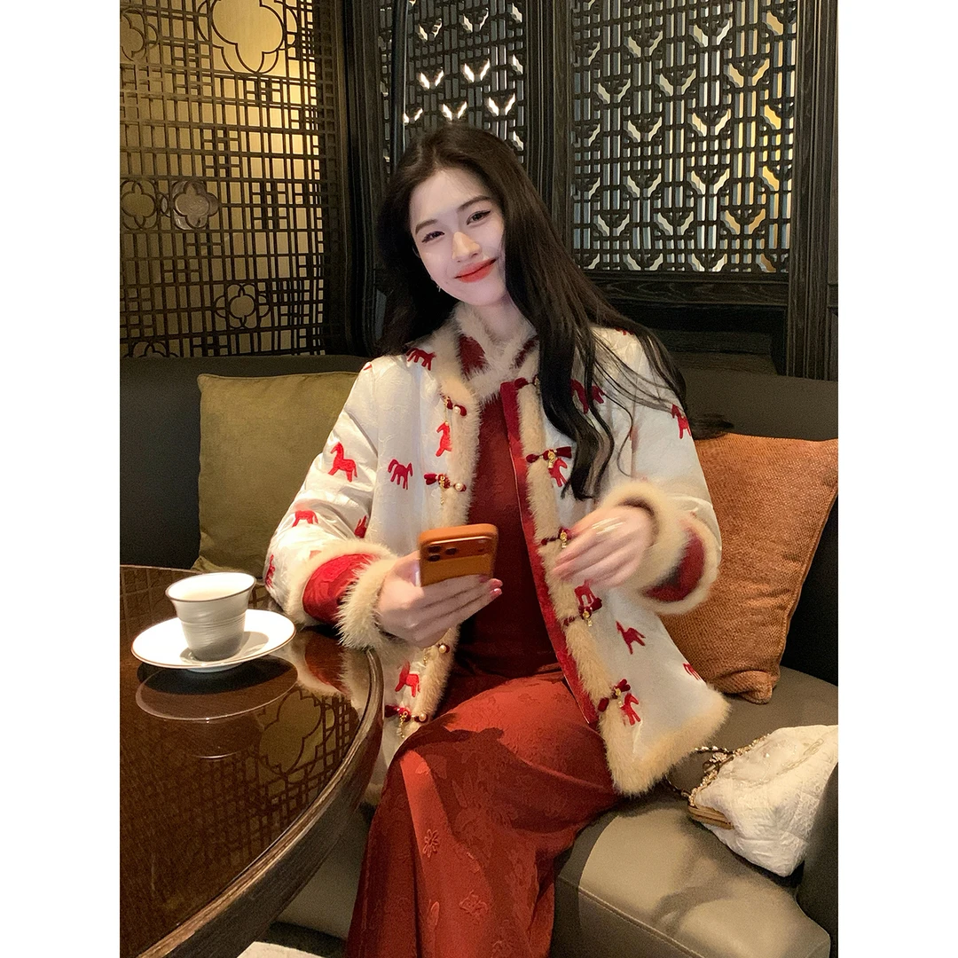 凌茜恣禾【福马添金】新中式水貂毛保暖小马棉服女冬季复古加厚外套